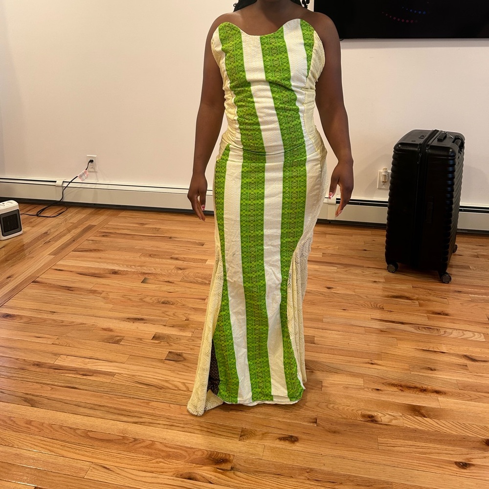 Green and White Striped Maxi Dress - Sleeveless Evening Gown